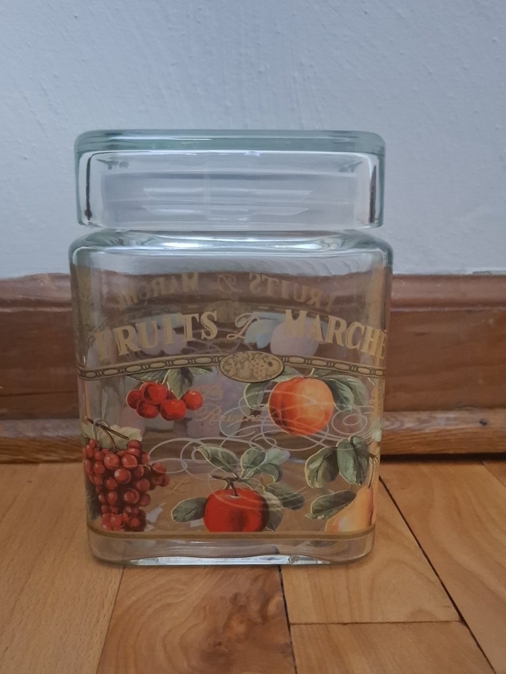 Glass Fruit Canister with Vintage Market Design - Clear/Red/Orange